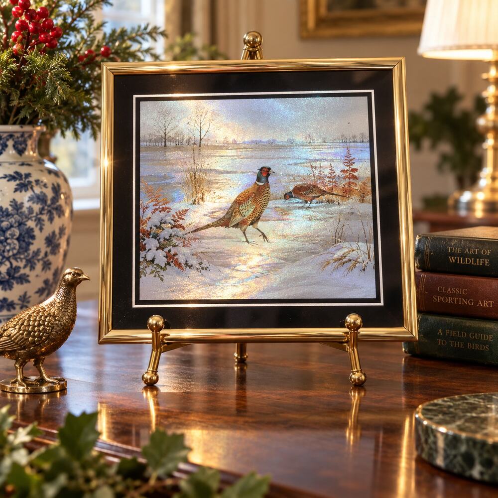 Vintage Foil Art Pheasant Picture Iridescent Winter Scene Gold Frame 8x10
